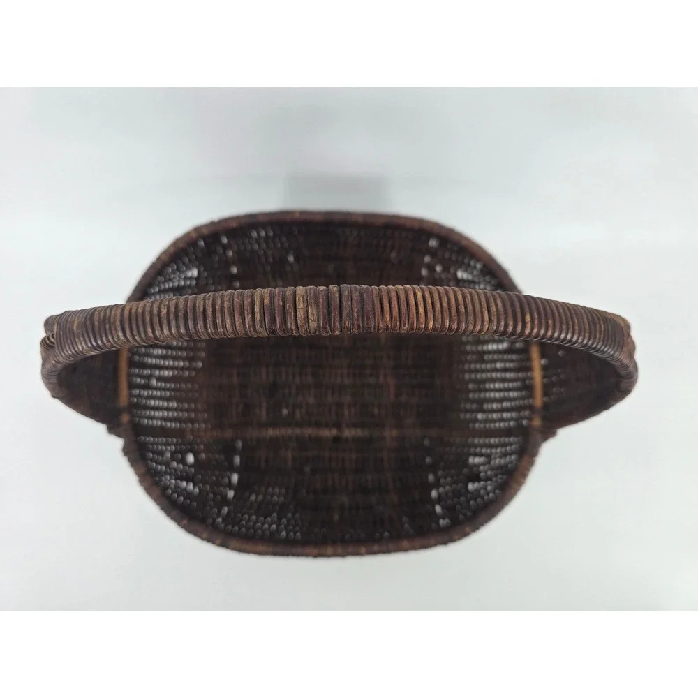 Vintage Dark Brown Woven Wicker Basket with Handle Oval Decorative Storage